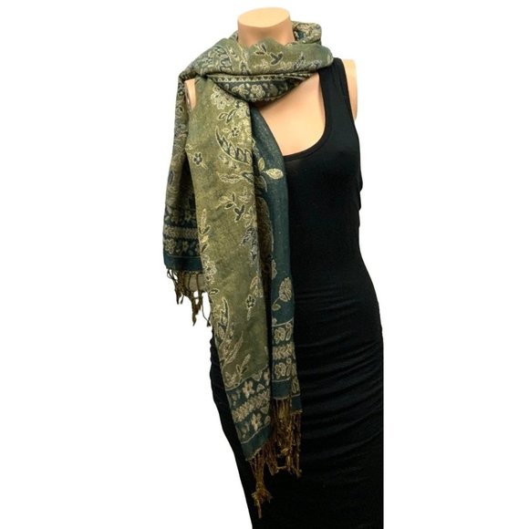 F.C Womens Vintage Scarf/Shawl Green with Gold Detailing Floral pattern Fringe S - Picture 1 of 8
